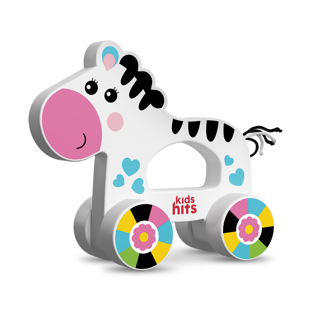 Kids Hits: Colorful Wooden Push & Pull Toy Pull-Along Zebra - A Fun Companion for Toddler Exploration!
